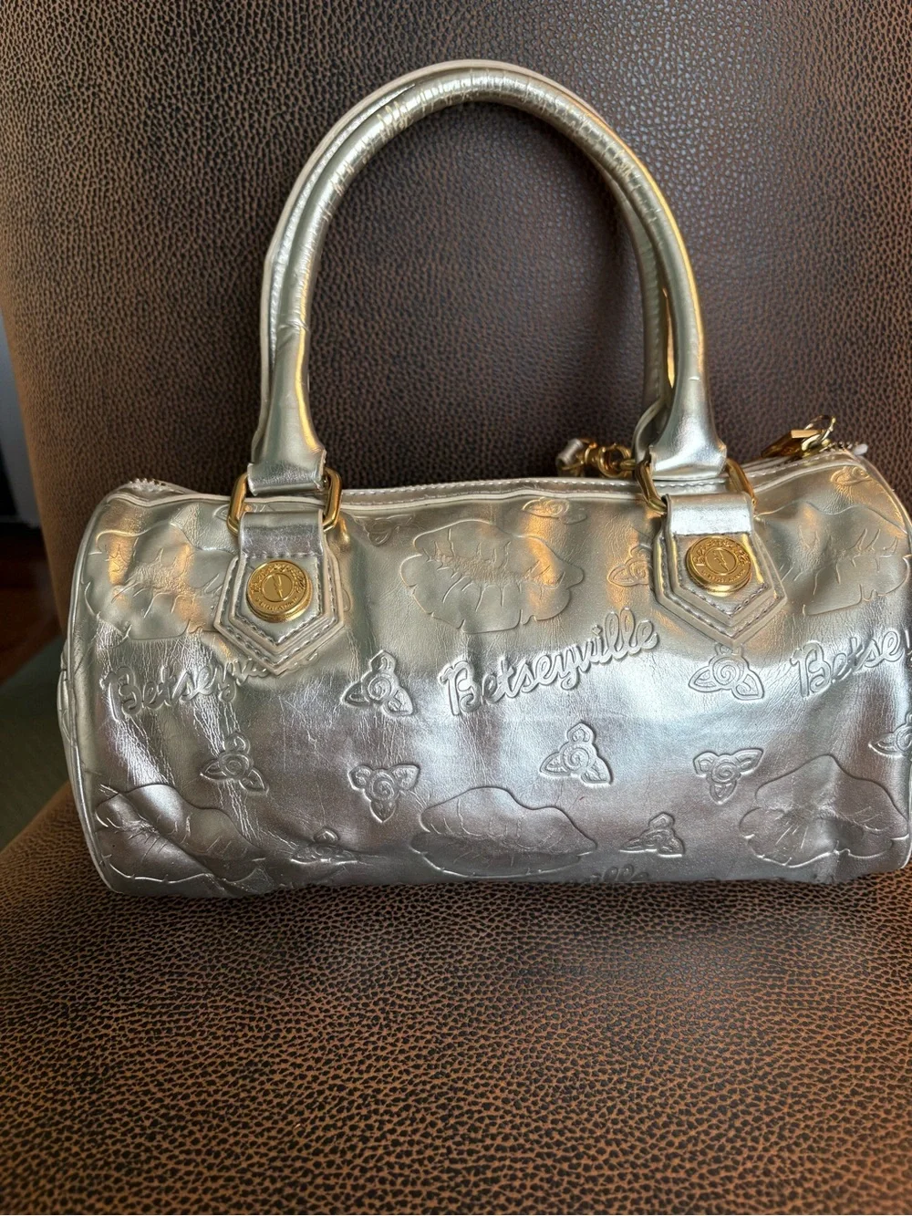 Betsey Johnson Silver Metallic Barrel Mini Bag with Gold Hardware
